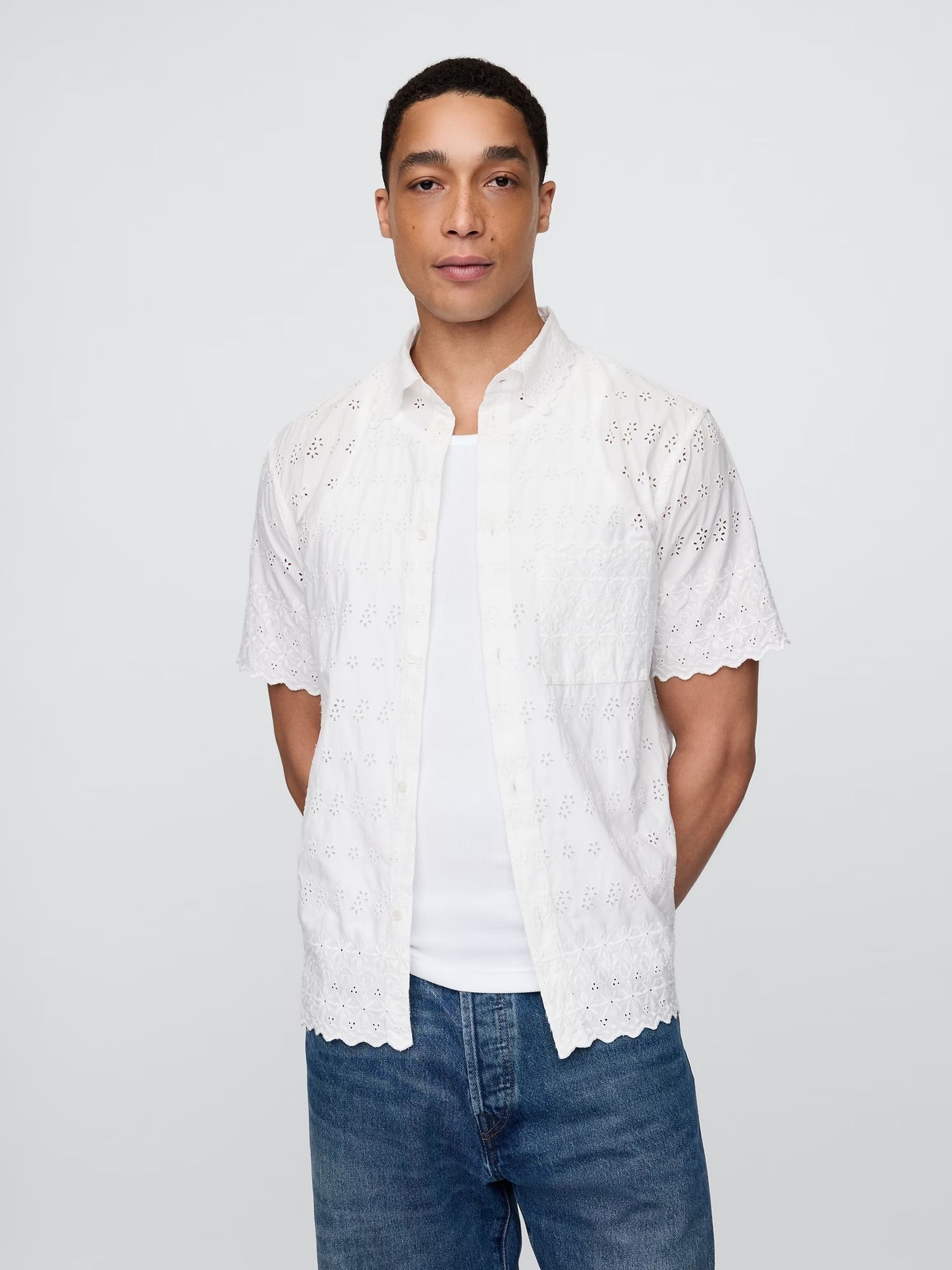 White DÔen Eyelet Short Sleeve Shirt