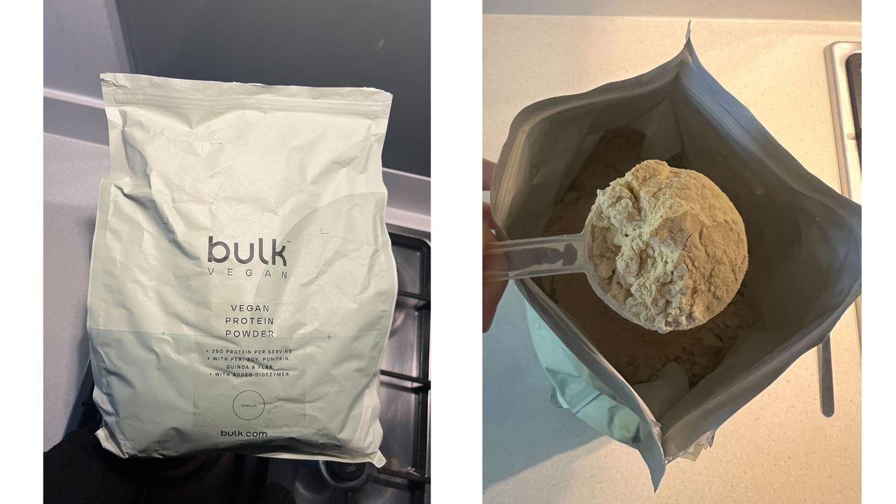 Grace Walsh product testing Bulk vegan protein powder, showing powder on scoop and packet