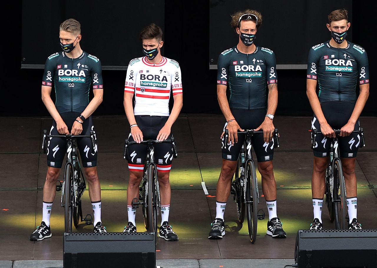 BREST, FRANCE - JUNE 24: Daniel Oss of Italy, Lukas P&Atilde;&para;stlberger of Austria, Ide Schelling of The Netherlands, Wilco Kelderman of The Netherlands, Peter Sagan of Slovakia, Nils Politt of Germany, Emanuel Buchmann of Germany, Patrick Konrad of Austria and Team BORA - Hansgrohe during the 108th Tour de France 2021, Team Presentation / Public / Fans / Landscape / @LeTour / #TDF2021 / on June 24, 2021 in Brest, France. (Photo by Tim de Waele/Getty Images)