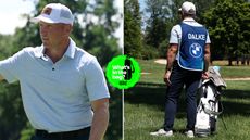 Brad Dalke waves to the crowd, with his caddie stood by his golf bag
