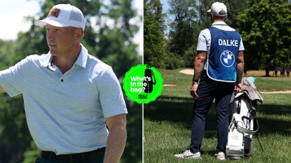 Brad Dalke waves to the crowd, with his caddie stood by his golf bag
