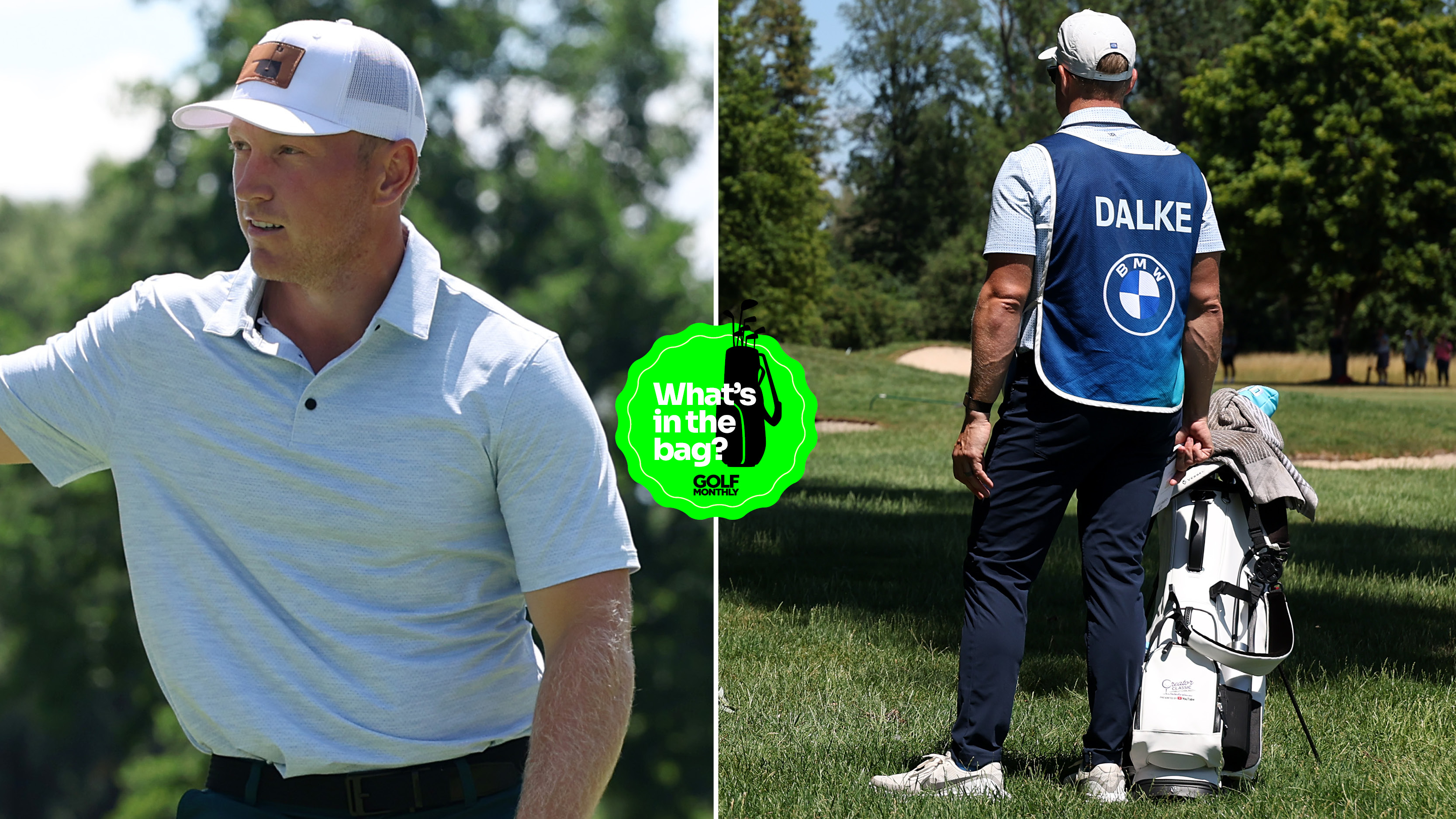 Brad Dalke waves to the crowd, with his caddie stood by his golf bag