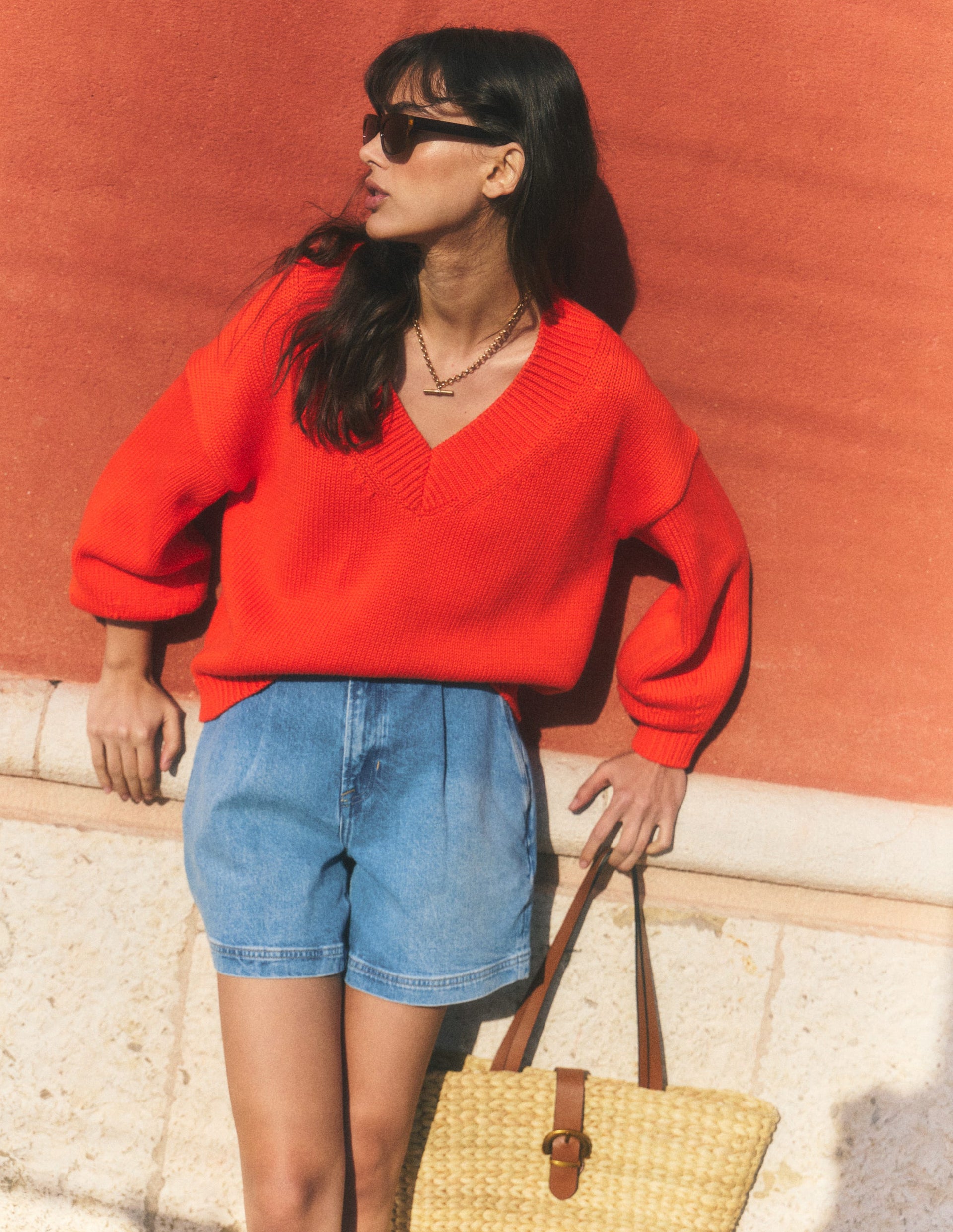 Lucy Cotton V-Neck Sweater-Sunset Orange