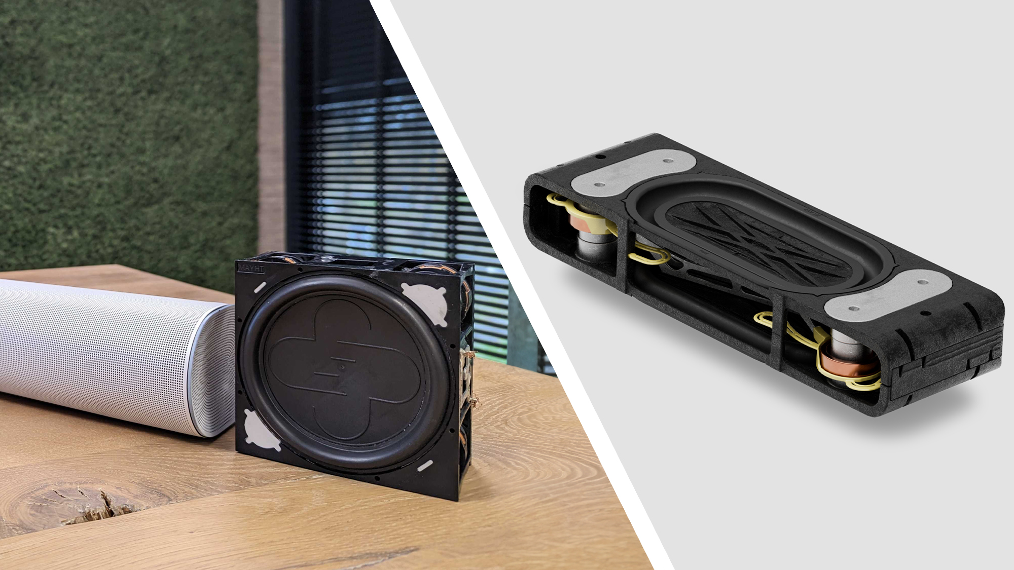 Two versions of the Sonos Sound motion speaker driver – an early concept on the left, and the final version on the right
