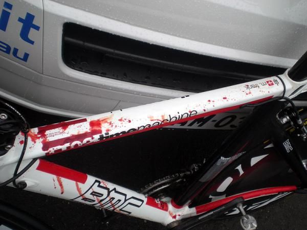 The time trial bike of Mathias Frank (BMC Racing Team) with the Swiss rider's blood after a crash in the prologue.