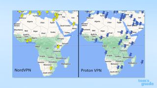 NordVPN and Proton VPN's server locations in Africa compared on a map