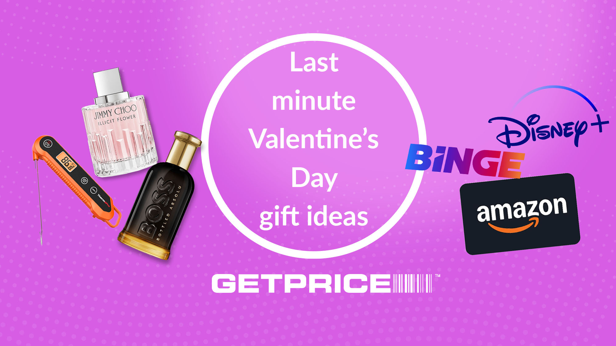 Purple background with white writing in the middle that says Last minute Valentine's Day gift ideas with scattered images of gifts around it