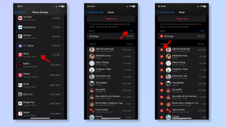 The first screenshot shows the Settings app on iPhone, with a red arrow pointing at Music under the iPhone Storage menu. The second screenshot shows the Music menu in Settings, with a red arrow pointing at Edit. The third screenshot shows a red arrow pointing at the red minus icon beside the name of an artist in the Music menu. 