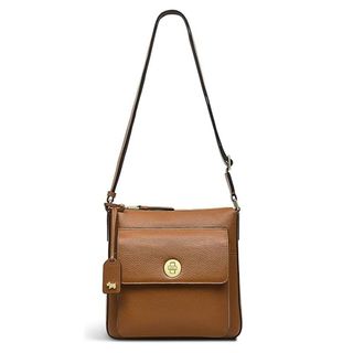 Flat lay image of tan handbag