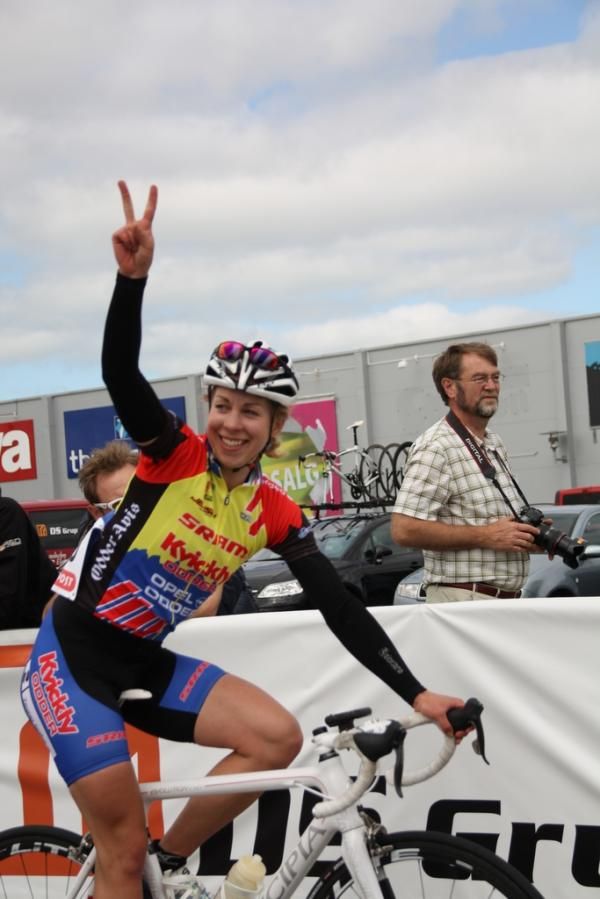 Annika Langvad (Odder CK) celebrates her road race win.