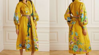 model wearing ALÉMAIS Belted pleated floral-print linen midi dress