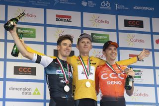 Márton Dina (left - Kometa-Xstra), Krists Neilands (Israel Start-Up Nation) and Attila Valter (CCC Team) on the podium at the Tour de Hongrie 2019