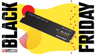 An image of a WD_Black SN850X NVMe SSD against a colorful background, with a set of Black Friday and PC Gamer logos on the sides
