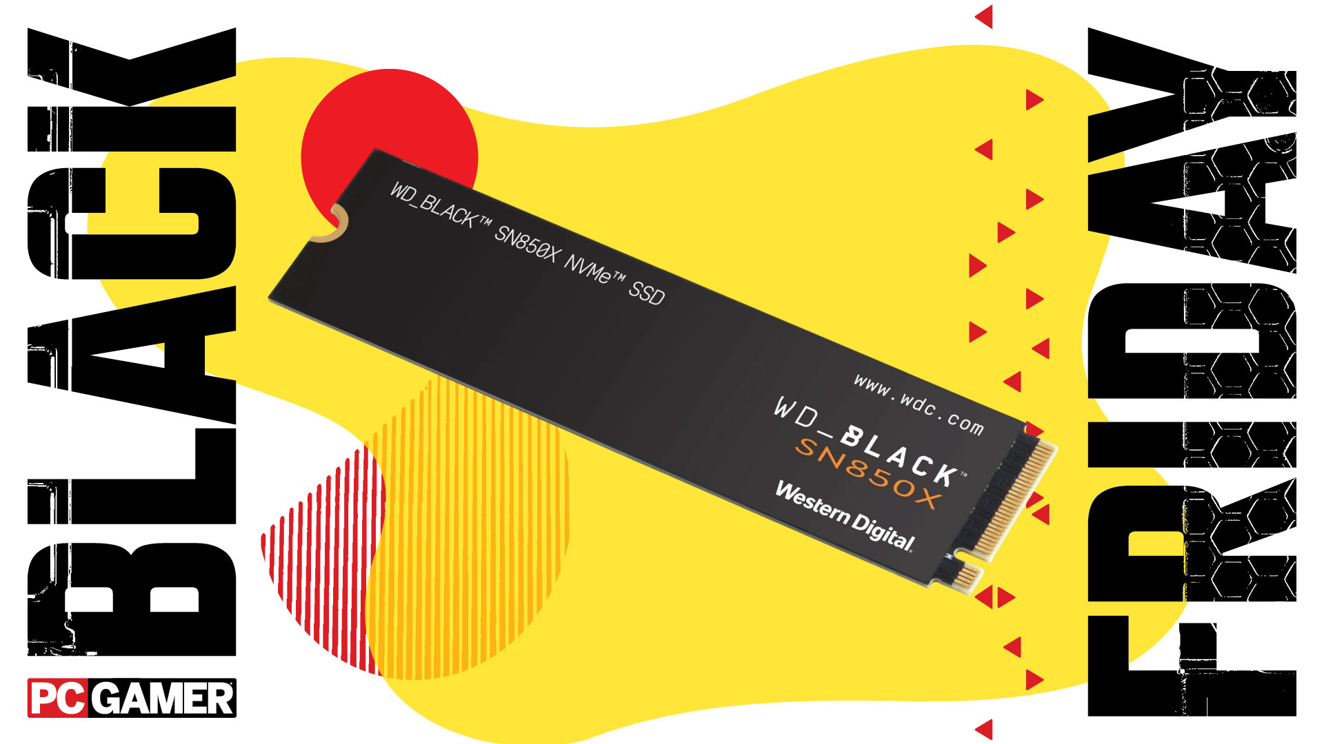 An image of a WD_Black SN850X NVMe SSD against a colorful background, with a set of Black Friday and PC Gamer logos on the sides