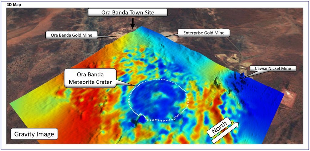 A color-coded gravity image of the Ora Banda Impact Crater site. The crater (deep blue) is in the middle of the image.