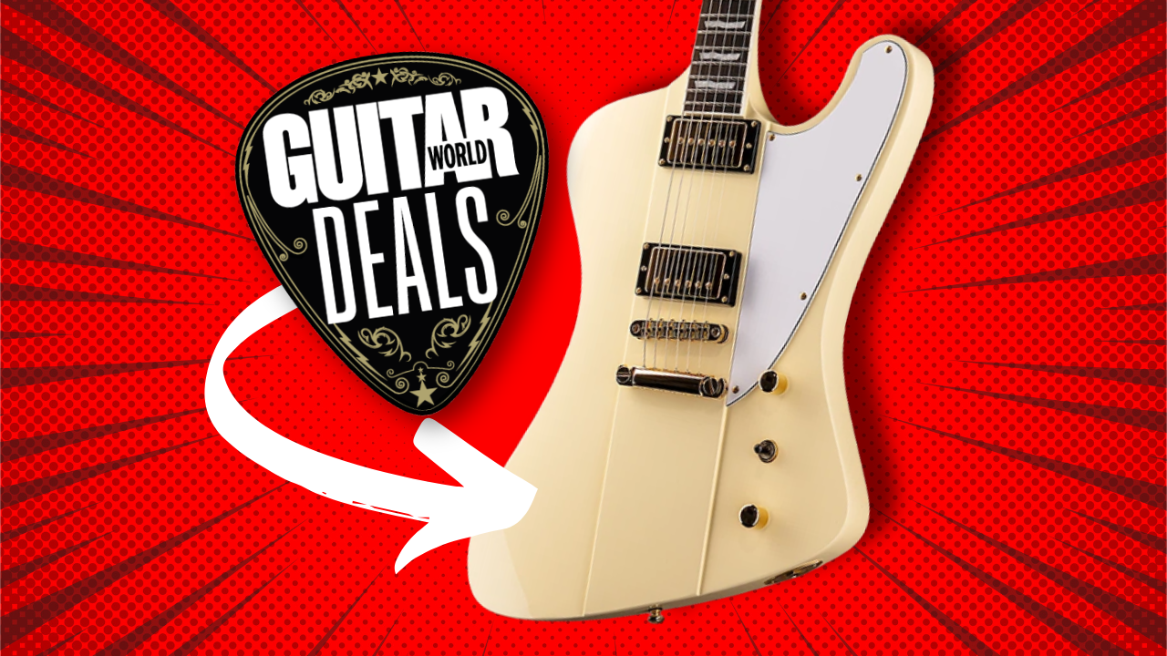 An ESP LTD Phoenix-1000 on a red background with the Guitar World deals logo