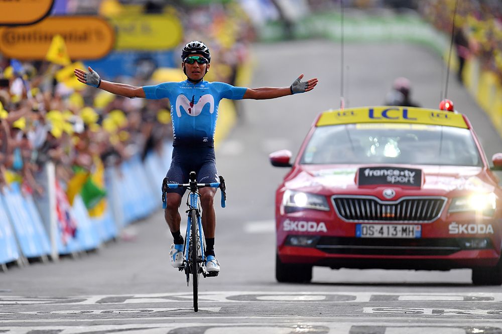 Nairo Quintana (Movistar) celebrates winning stage 18 at the Tour de France