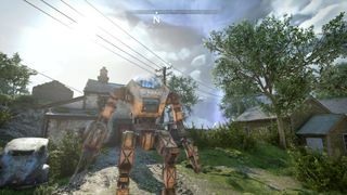 A mech suit stomps through an English town in Atomfall