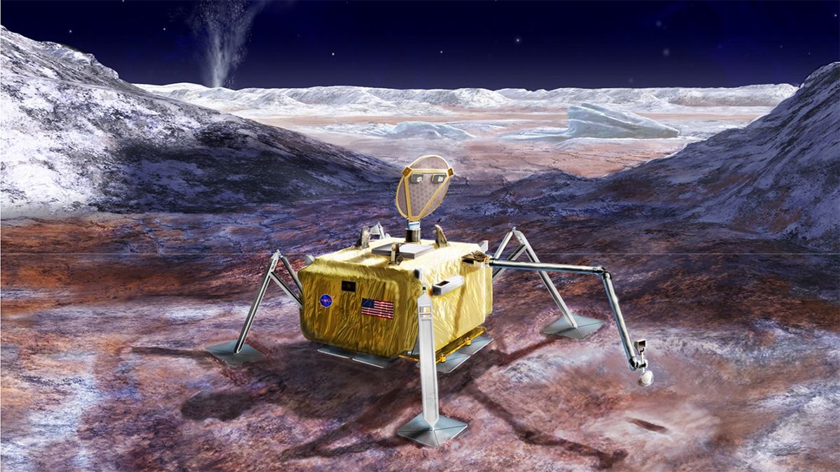 An artist&#039;s depiction of Europa Lander at work on the surface of Jupiter&#039;s icy moon.