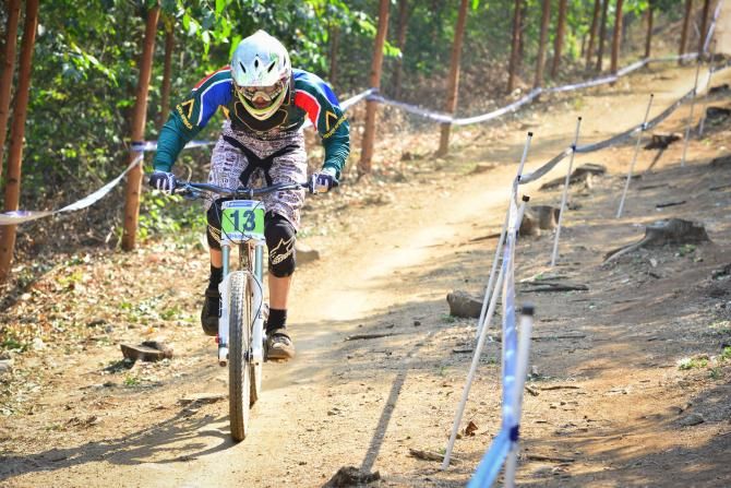 South African Andrew Martin tries to make up as much time as possible on his home town course during the Junior Men's Downhill but it was not to be his day as he ended up in 34th position at the Cascades MTB Park in Pietermaritzburg on Friday.