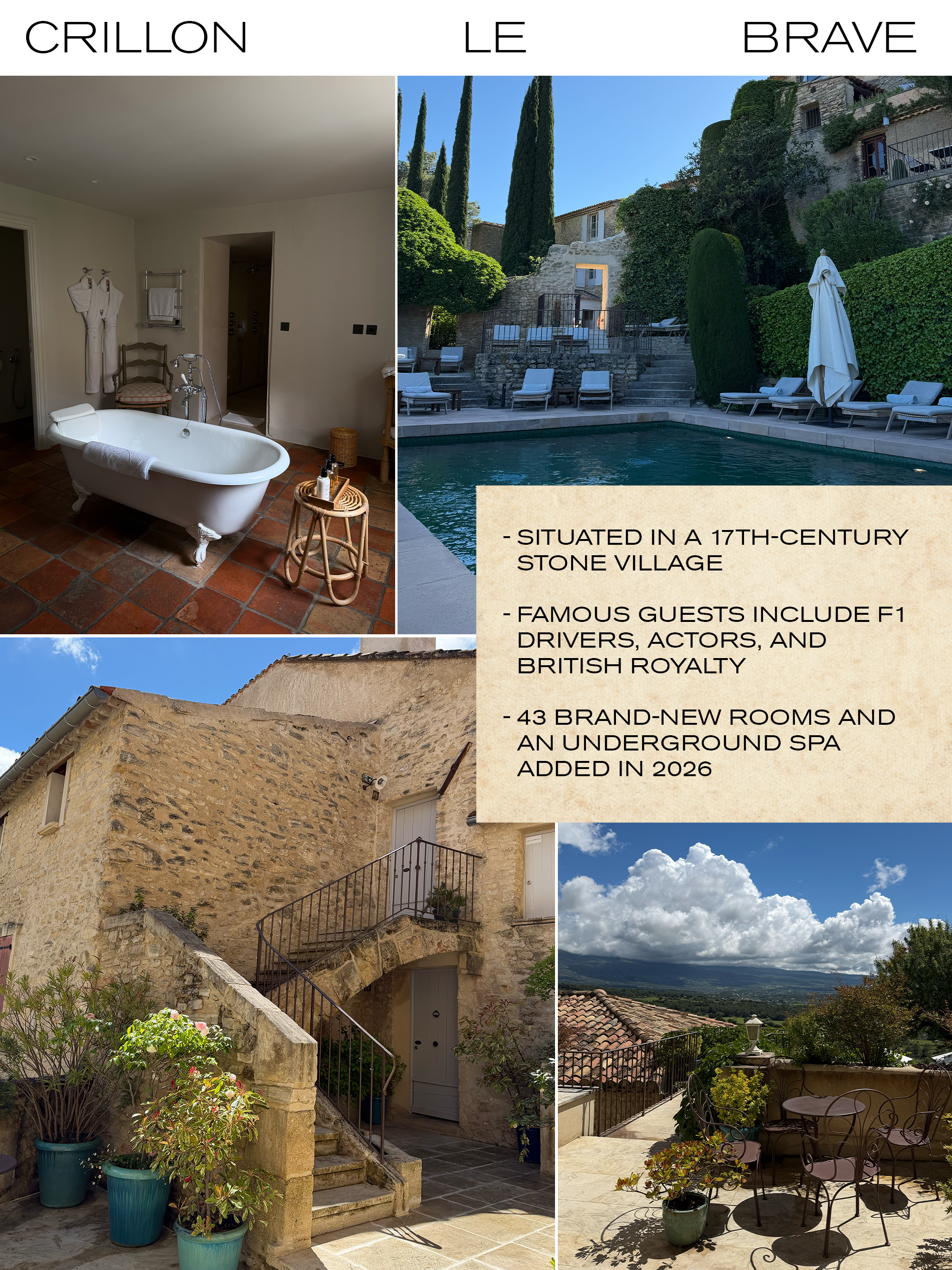 a collage of hotel images of Crillon Le Brave
