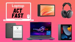 Tablets, headphones, and laptops on a gradient background with a Laptop "Act Fast" deal badge in the upper-left