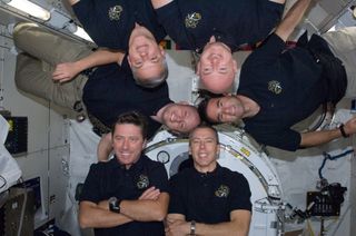 The six member crew for space shuttle Endeavour's final mission poses for an STS-134 in-flight crew portrait in the Japan Aerospace Exploration Agency's Kibo lab on the International Space Station on May 26, 2011.