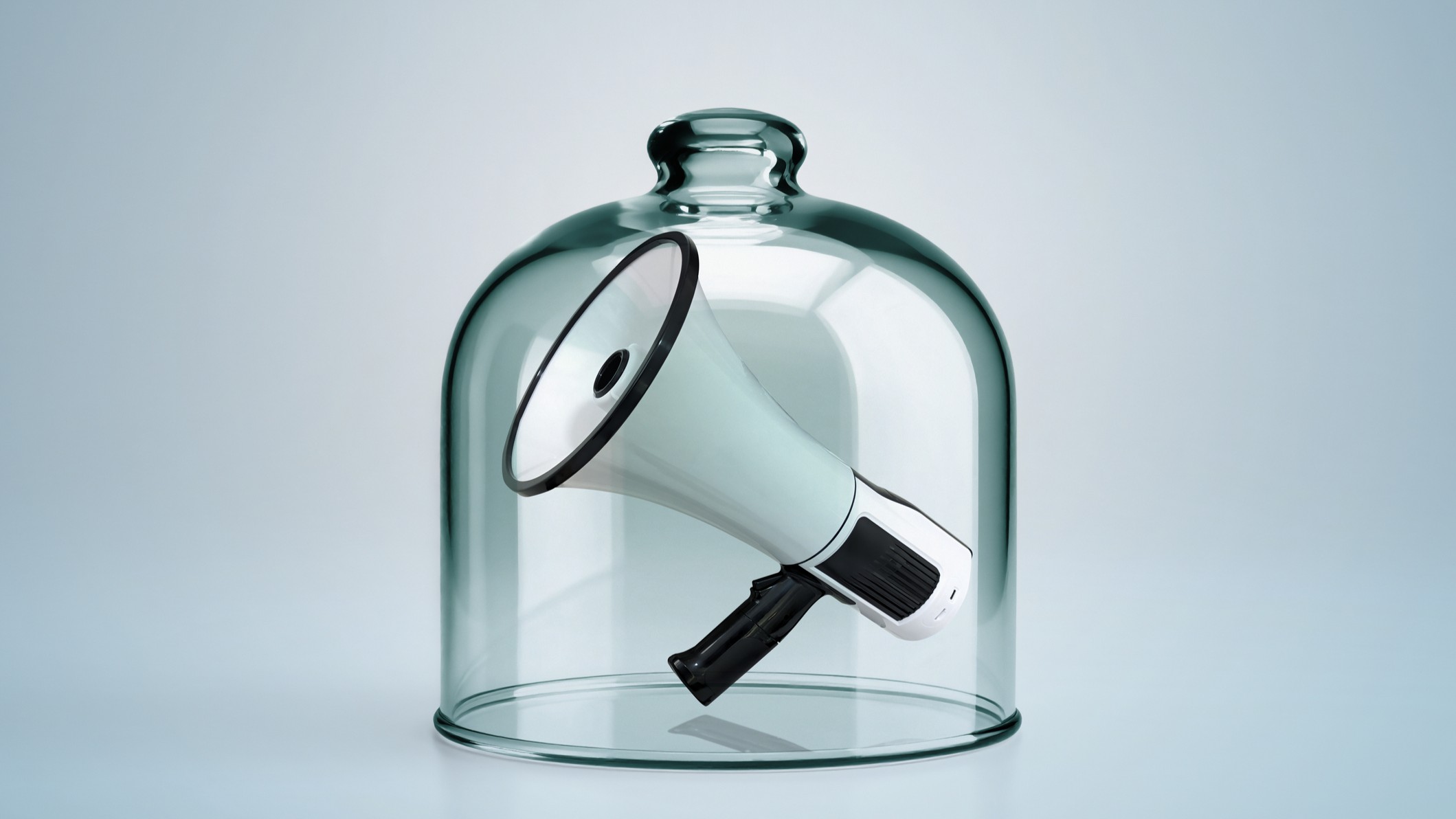 3D of megaphone inside a Bell Jar against a white background