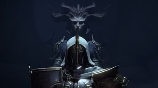 Diablo 4 Lord of Hatred launch trailer screenshot shows a character wearing armor, stood in front of Lilith. 