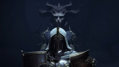 Diablo 4 Lord of Hatred launch trailer screenshot shows a character wearing armor, stood in front of Lilith. 
