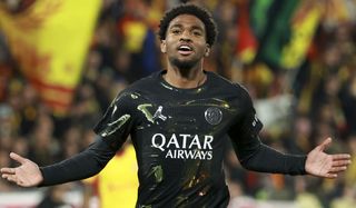 Ibrahim Mbaye of PSG celebrates his goal during the Ligue 1 McDonald's football match between RC Lens (RCL) and Paris Saint-Germain (PSG) at Stade Bollaert-Delelis on May 13, 2026 in Lens, France