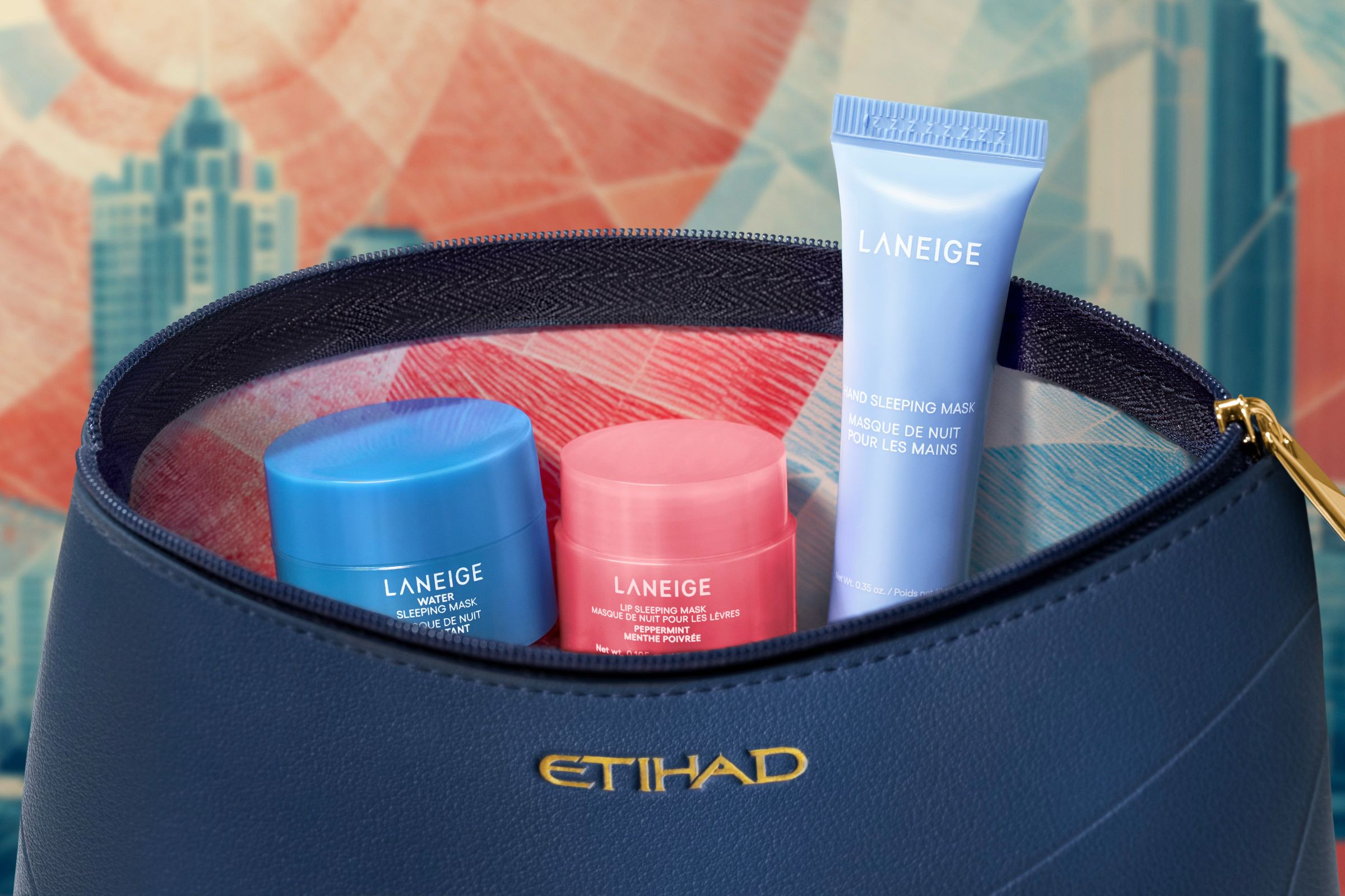View of a new Etihad Airways business class pouch featuring a range of colours and K-beauty Laneige products