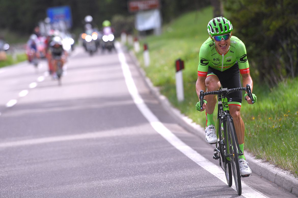 Pierre Rolland attacks the break on the Giro d'Italia's 17th stage.