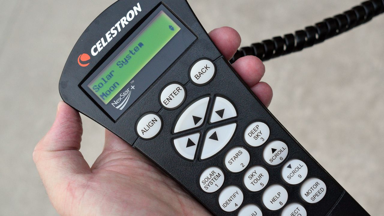 The hand controls for the Celestron advanced telescope