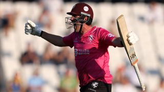 Craig Overton of Somerset celebrates after hitting the winning runs in the Vitality Blast Quarter Final match between Yorkshire and Somerset at Headingley
