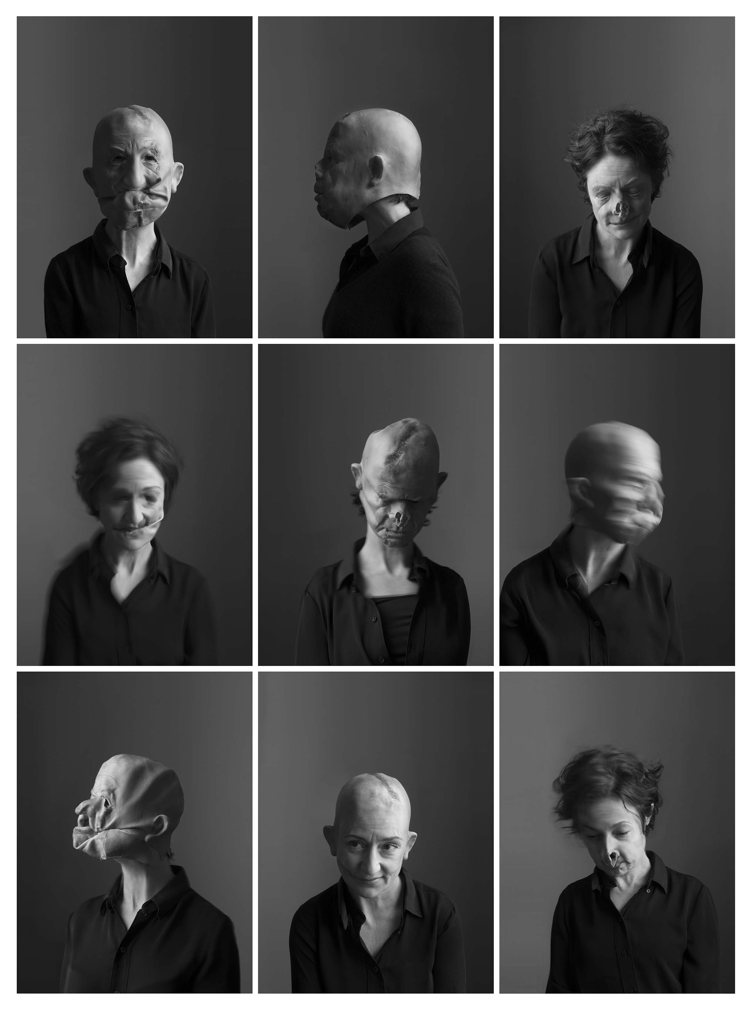 grid of photographs of people taken by Vibeke Tandberg, showing herself with a mask