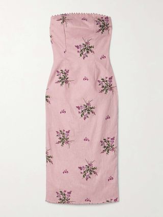 Armonía Wisteria Strapless Bead-Embellished Embroidered Linen Midi Dress