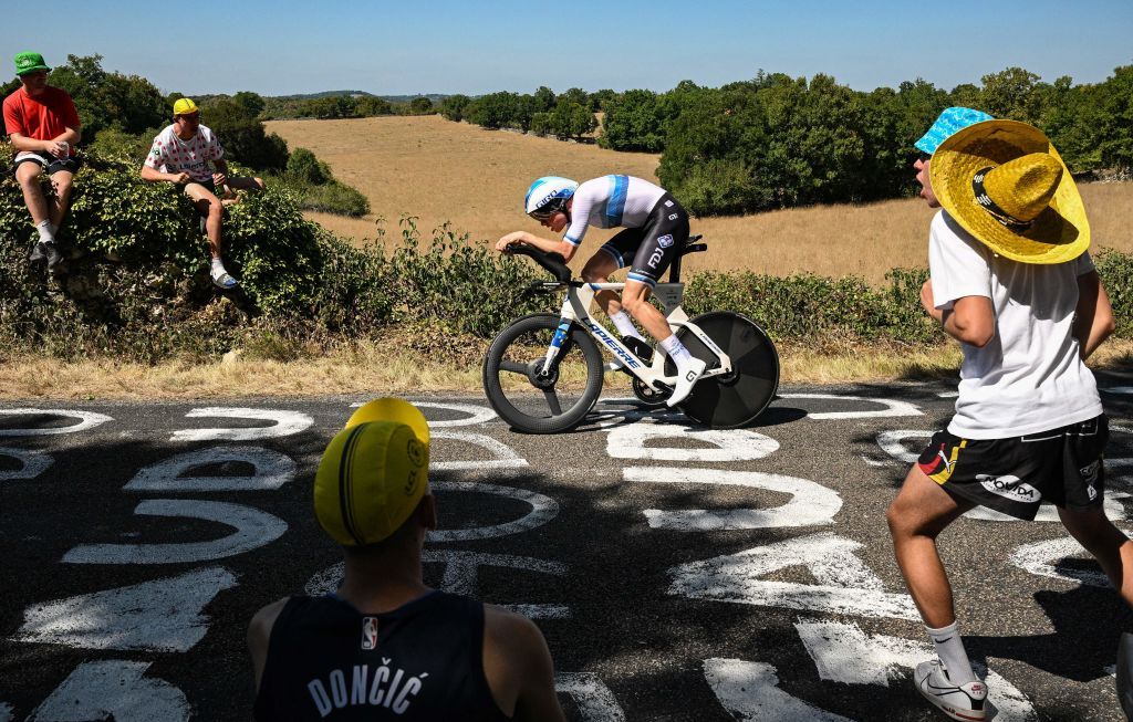 GroupamaFDJ teams Swiss rider Stefan Kung cycles during the 20th stage of the 109th edition of the Tour de France cycling race 407 km individual time trial between LacapelleMarival and Rocamadour in southwestern France on July 23 2022 Photo by Marco BERTORELLO AFP Photo by MARCO BERTORELLOAFP via Getty Images