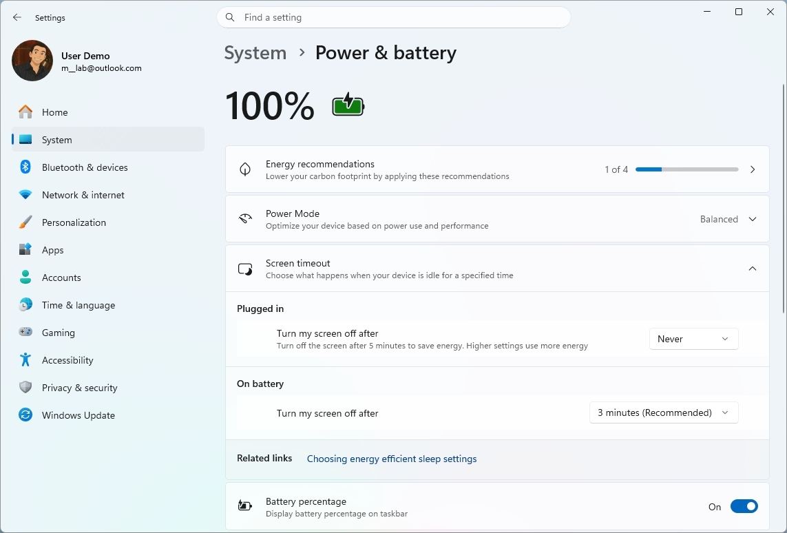 Windows 11 Settings showing the Power &amp;amp; battery settings.