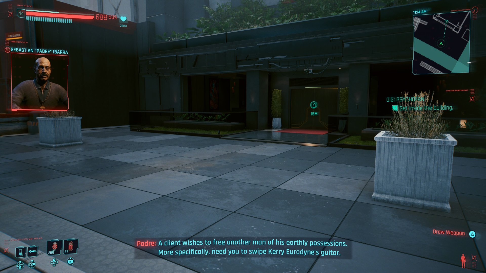 Cyberpunk 2077 screeshot of fixer Sabastian Ibarra talking to V on the holo about the objective to swipe Kerry Eurodyne's guitar during the gig Psychofan