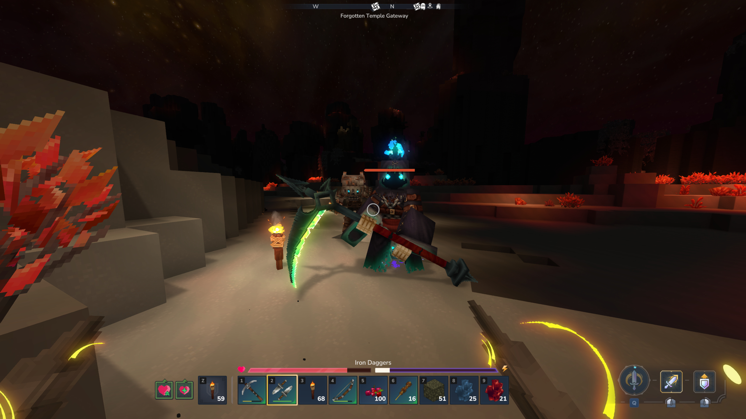 Hytale cindercloth scraps: A player avoiding incandescent skeletons attacking them on the surface of the volcanic Devastated Lands.