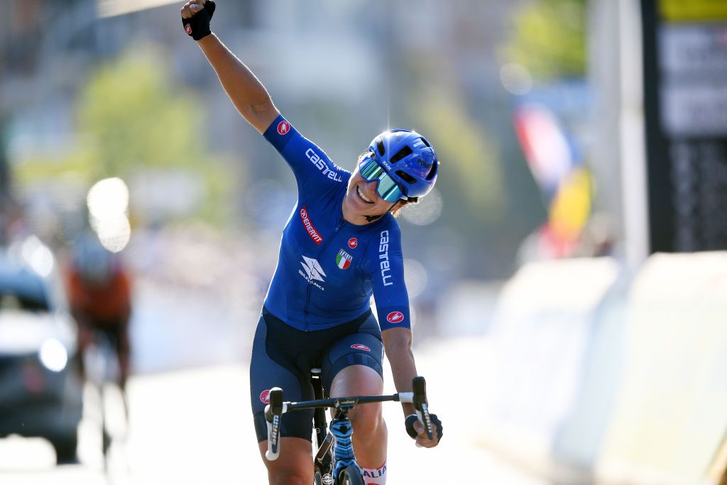 LEUVEN BELGIUM SEPTEMBER 25 Elisa Longo Borghini of Italy celebrates the victory of his teammate Elisa Balsamo of Italy during the 94th UCI Road World Championships 2021 Women Elite Road Race a 1577km race from Antwerp to Leuven flanders2021 on September 25 2021 in Leuven Belgium Photo by Tim de WaeleGetty Images