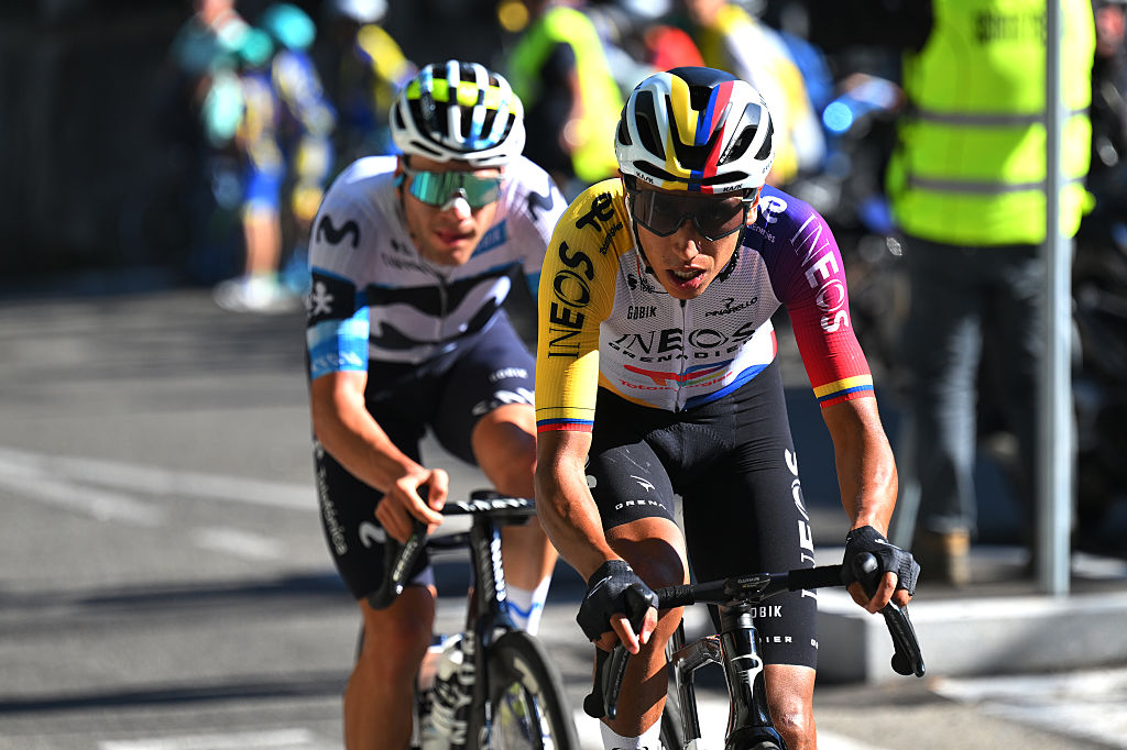 VARESE, ITALY - OCTOBER 07: (L-R) Lorenzo Milesi of Italy and Movistar Team and Egan Bernal of Colombia and Team INEOS Grenadiers compete in the breakaway during the 104th Tre Valli Varesine 2025 a 200.3km one day race from Busto Arsizio to Varese on October 07, 2025 in Varese, Italy. (Photo by Tim de Waele/Getty Images)