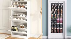 Walmart shoe organizers, one freestanding white shoe storage unit in an entryway and another over-the-door hanging shoe organizer filled in bedroom