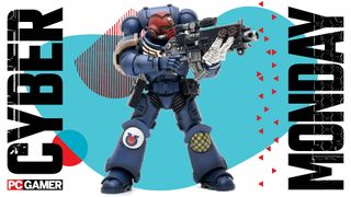 A Warhammer space marine toy on a Cyber Monday background