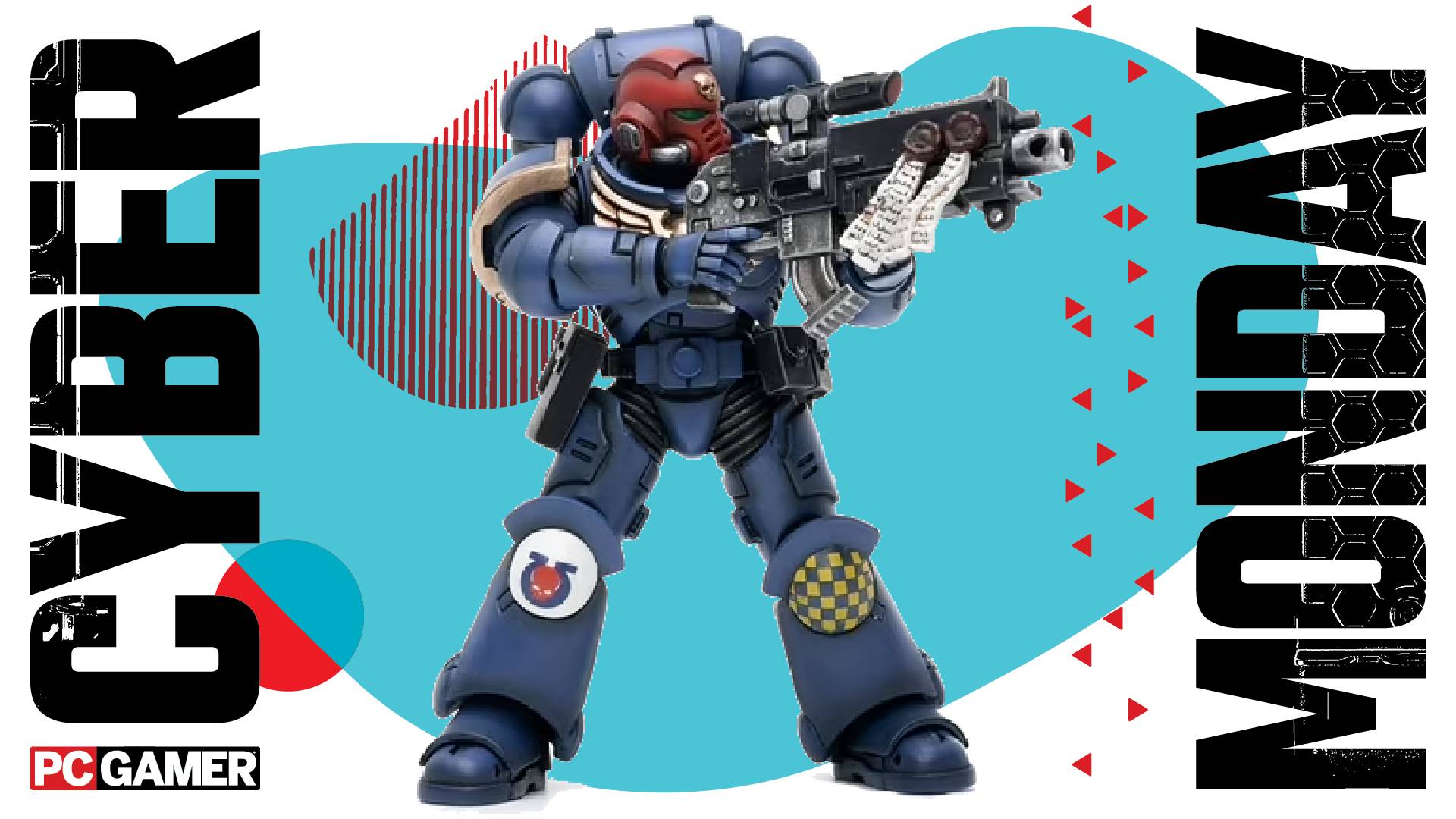 A Warhammer space marine toy on a Cyber Monday background