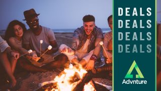 Happy people toasting marshmallows over campfire