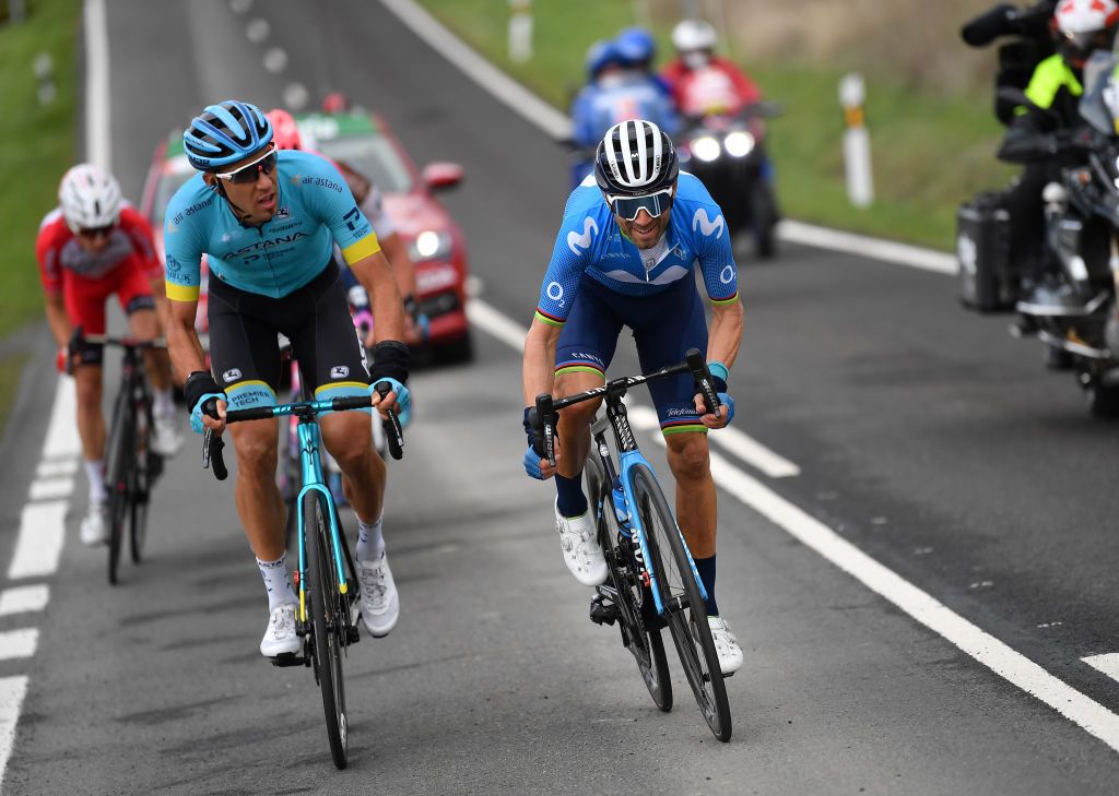 VILLANUEVA DE VALDEGOVIA SPAIN OCTOBER 27 Omar Fraile Matarranz of Spain and Astana Pro Team Alejandro Valverde Belmonte of Spain and Movistar Team Breakaway during the 75th Tour of Spain 2020 Stage 7 a 1597km from VitoriaGasteiz to Villanueva de Valdegovia lavuelta LaVuelta20 La Vuelta on October 27 2020 in Villanueva de Valdegovia Spain Photo by Justin SetterfieldGetty Images