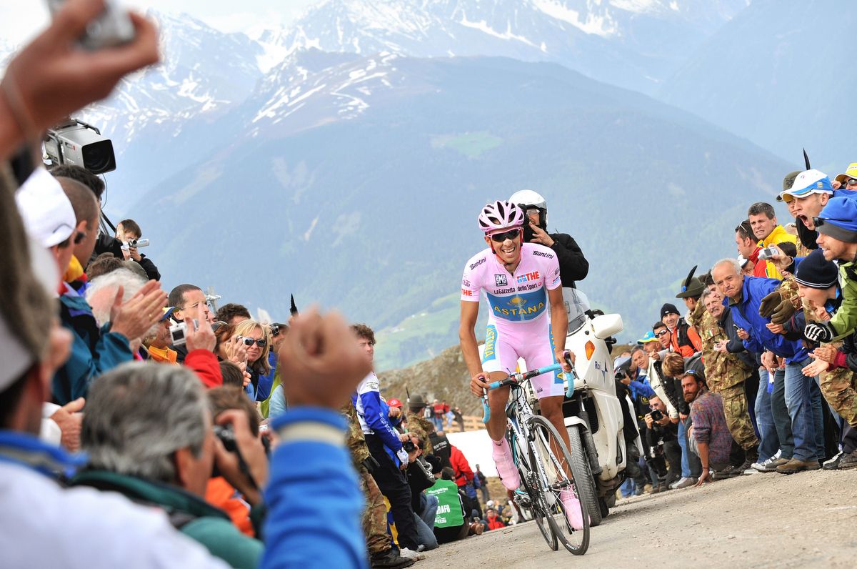 Alberto Contador during the tough Plan de Corones Giro time trial in 2008