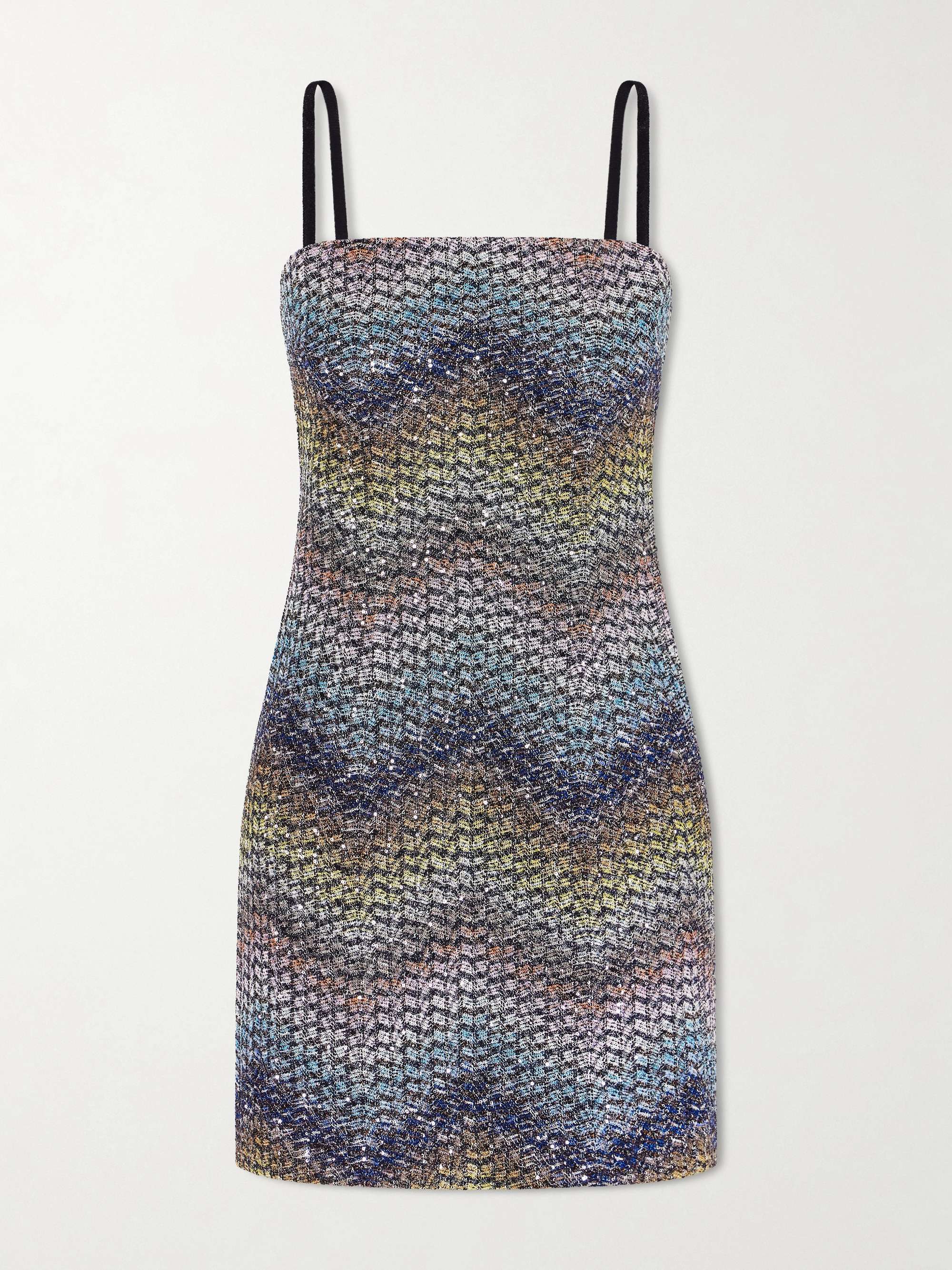 Sequin-Embellished Metallic Crochet-Knit Mini Dress
